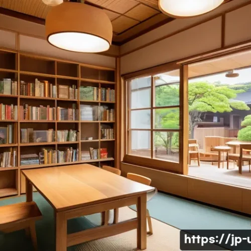 비영리 도서관 모델 - A cozy community nonprofit library interior in modern Japanese style, warm natural lighting filterin...