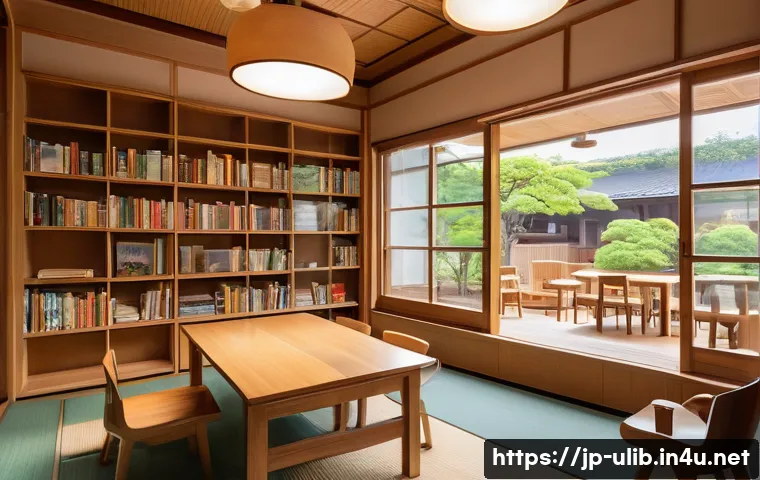 비영리 도서관 모델 - A cozy community nonprofit library interior in modern Japanese style, warm natural lighting filterin...